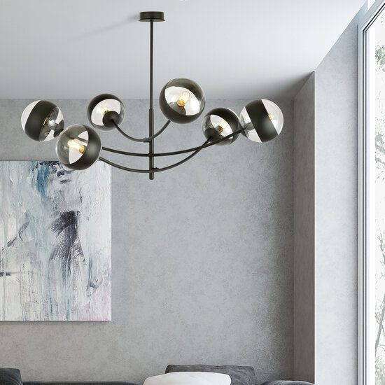 Pendulum lighting with 6 curved arms black and striped bulbs E14