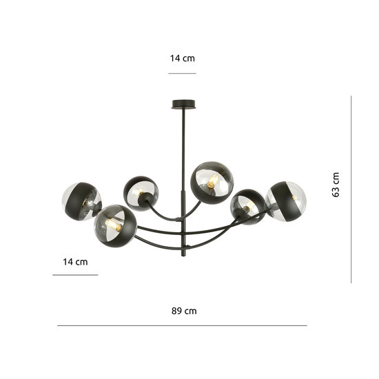 Iluminación pendular con 6 brazos curvos bombillas negras y rayadas E14