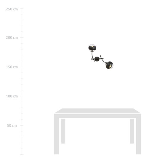 Wandleuchte schwarz mit gebogenen Armen und gestreiften Glaskugeln E14