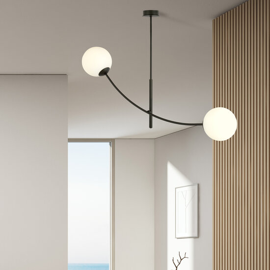 Hanging lamp black and white opal glass with curved arms E14