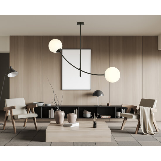 Lámpara colgante cristal opal blanco y negro con brazos curvos E14