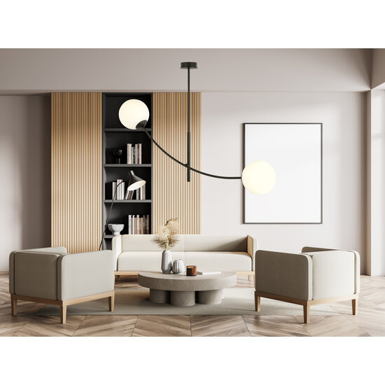 Hanglamp zwart en wit opaal glas met gebogen armen E14