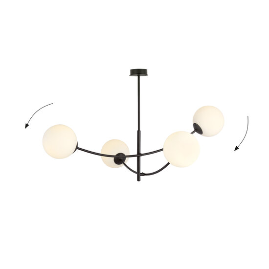 Hanging lamp 4 curved arms black and white opal glass E14