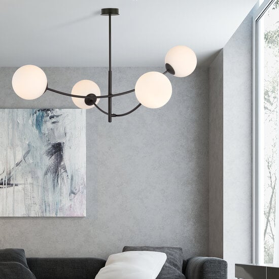 Emibig Emibig Lampe suspendue 4 bras courbés noir et verre opale blanc E14 - Éclairage élégant pour chaque pièce