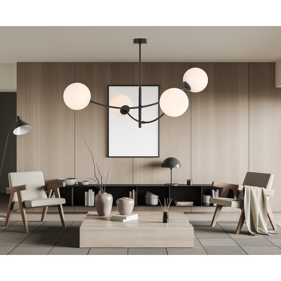 Lámpara colgante 4 brazos curvos cristal opal blanco y negro E14
