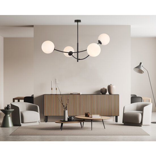 Hanglamp 4 gebogen armen zwart en wit opaal glas E14
