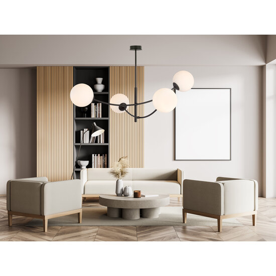 Hanglamp 4 gebogen armen zwart en wit opaal glas E14