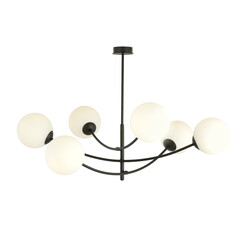 Suspension 6 bras courbés noir et verre opale blanc E14