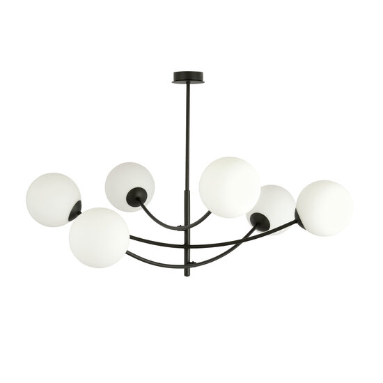 Hanging lamp 6 curved arms black and white opal glass E14