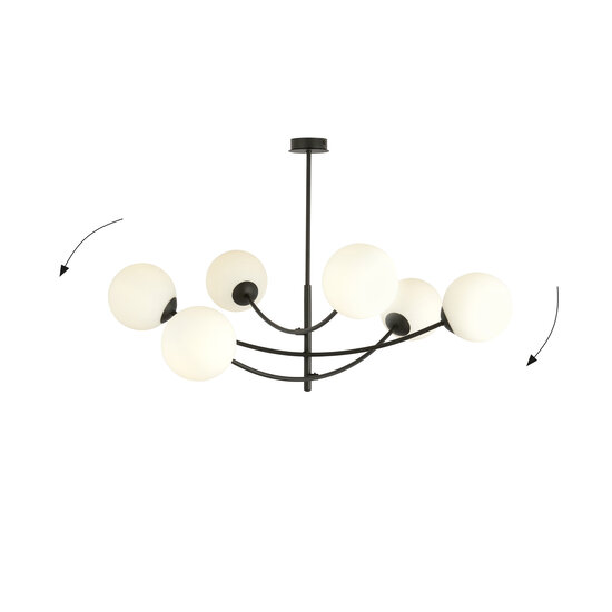 Lampe suspendue 6 bras courbés verre opale noir et blanc E14