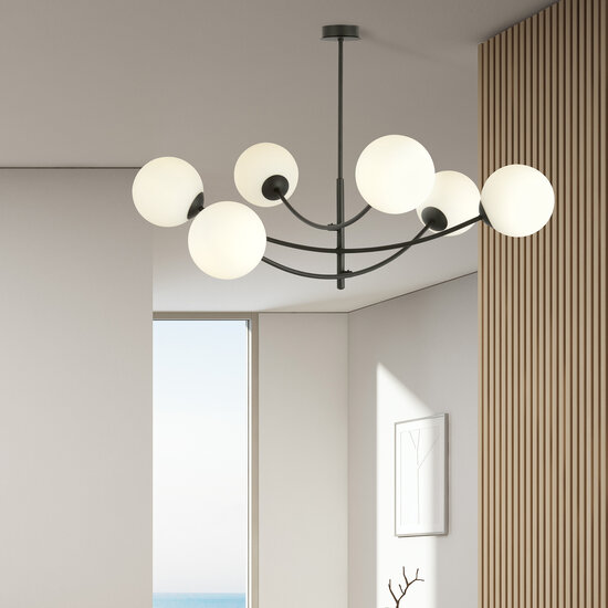 Hanging lamp 6 curved arms black and white opal glass E14
