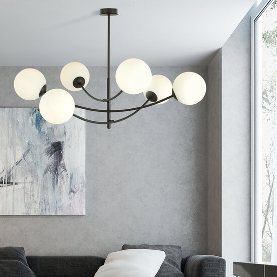 Hanging lamp 6 curved arms black and white opal glass E14