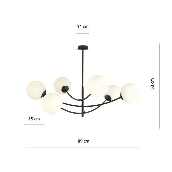 Lampe suspendue 6 bras courbés verre opale noir et blanc E14