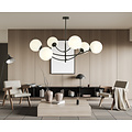 Hanging lamp 6 curved arms black and white opal glass E14