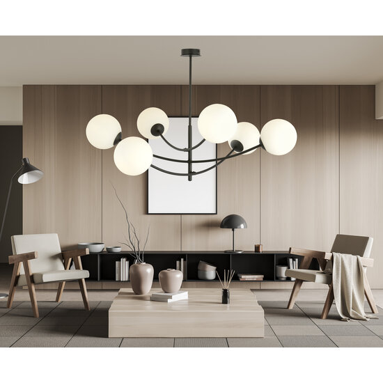 Hanging lamp 6 curved arms black and white opal glass E14