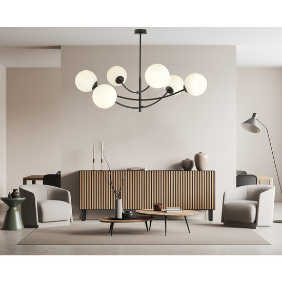 Hanglamp 6 gebogen armen zwart en wit opaal glas E14