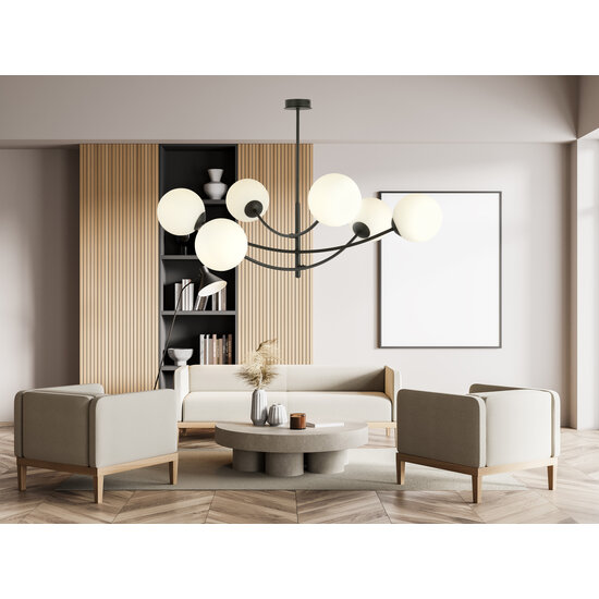 Hanglamp 6 gebogen armen zwart en wit opaal glas E14