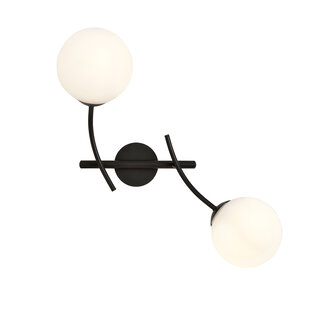 Wandlamp met dubbele gebogen armen en wit glazen bollen E14