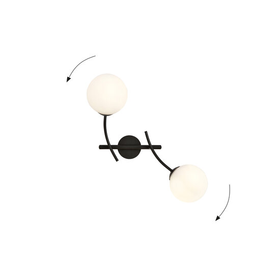 Wall lamp with double curved arms and white glass balls E14