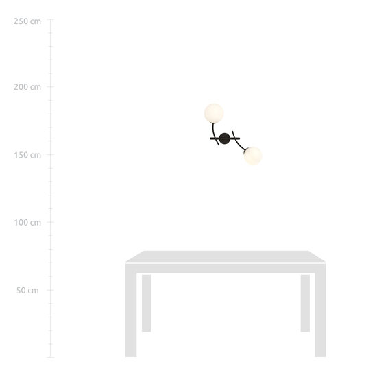 Wall lamp with double curved arms and white glass balls E14