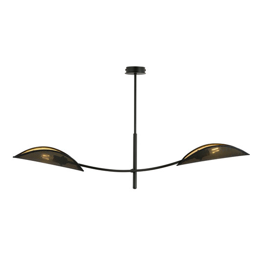 black and gold hanging lamp with 2 curved arms