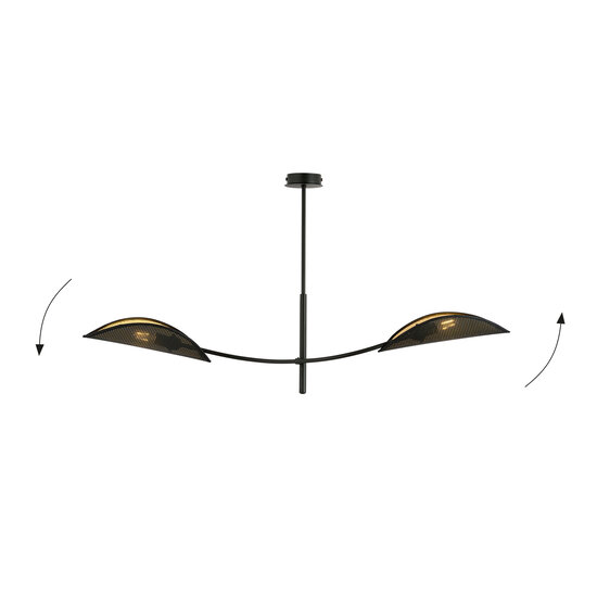black and gold hanging lamp with 2 curved arms