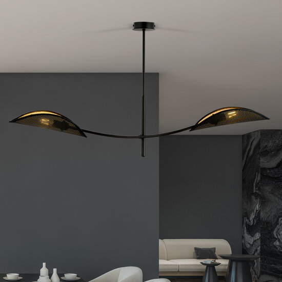 black and gold hanging lamp with 2 curved arms