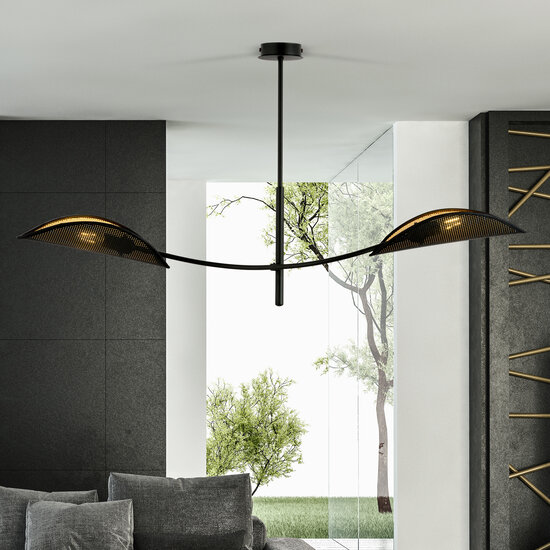 black and gold hanging lamp with 2 curved arms