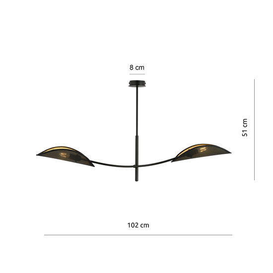 black and gold hanging lamp with 2 curved arms