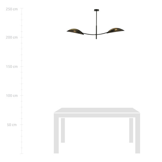 black and gold hanging lamp with 2 curved arms