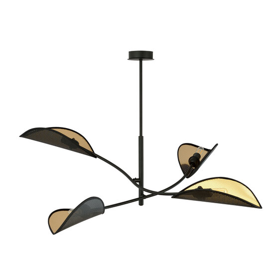 black with gold hanging lamp with 4 arms and transparent leaves