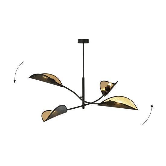 black with gold hanging lamp with 4 arms and transparent leaves