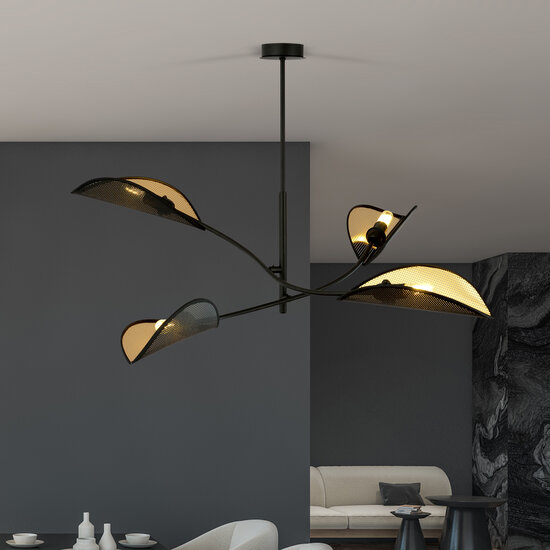 black with gold hanging lamp with 4 arms and transparent leaves