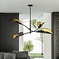 black with gold hanging lamp with 4 arms and transparent leaves