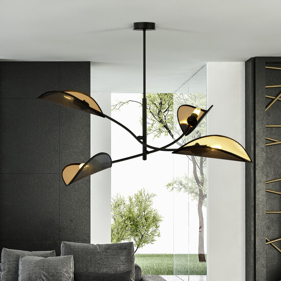 black with gold hanging lamp with 4 arms and transparent leaves