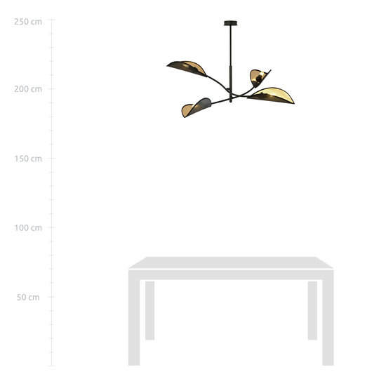 black with gold hanging lamp with 4 arms and transparent leaves