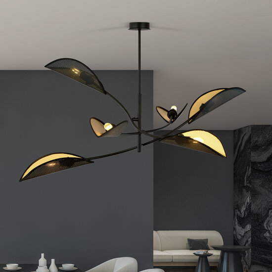 Lampe suspendue noire et dorée à 6 bras