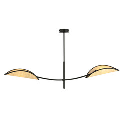 Lampe à suspension noire et rotin avec 2 bras courbés