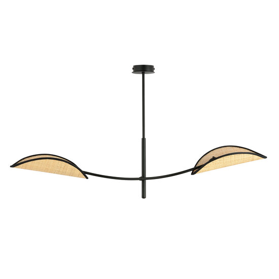 Zwart en rotan hanglamp met 2 gebogen armen