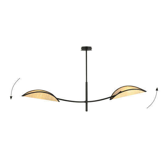 Zwart en rotan hanglamp met 2 gebogen armen