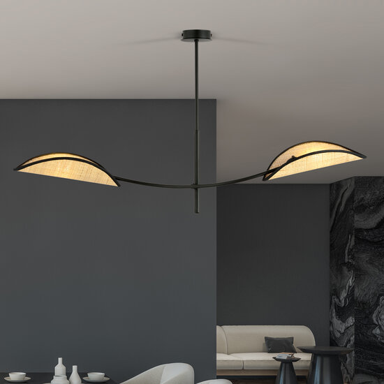 Zwart en rotan hanglamp met 2 gebogen armen