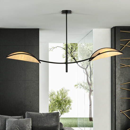 Zwart en rotan hanglamp met 2 gebogen armen