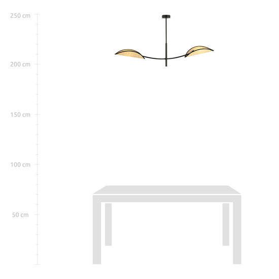 Zwart en rotan hanglamp met 2 gebogen armen