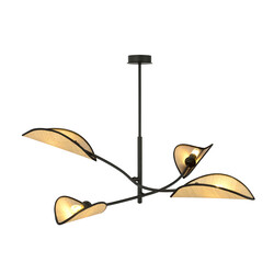 Lampe à suspension noire avec rotin à 4 bras et feuilles transparentes