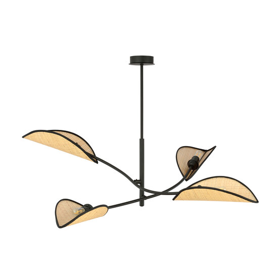 Black with rattan hanging lamp with 4 arms and transparent leaves