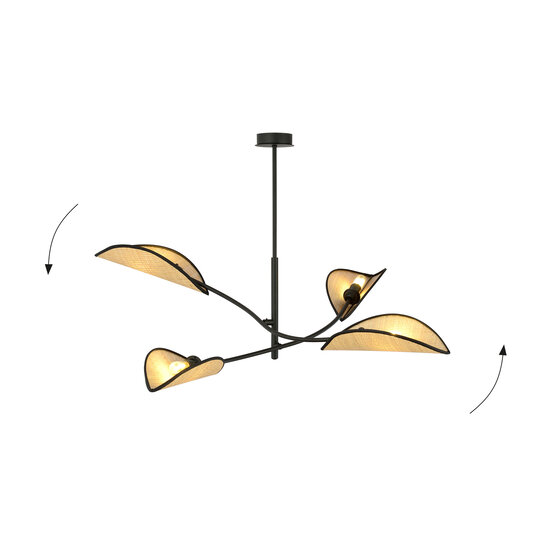 Black with rattan hanging lamp with 4 arms and transparent leaves