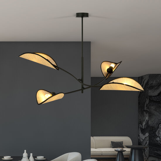 Black with rattan hanging lamp with 4 arms and transparent leaves