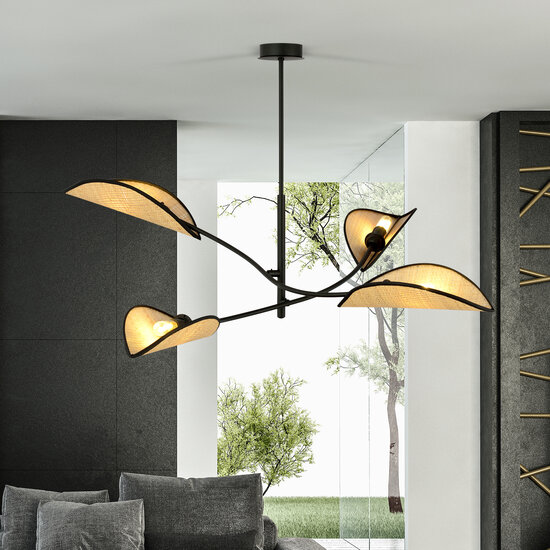 Black with rattan hanging lamp with 4 arms and transparent leaves