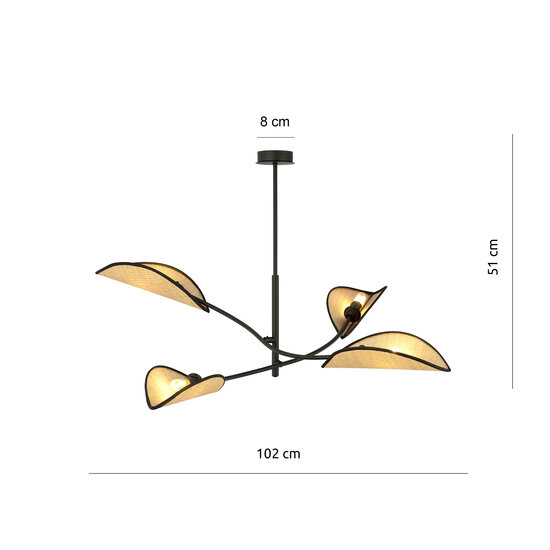 Black with rattan hanging lamp with 4 arms and transparent leaves