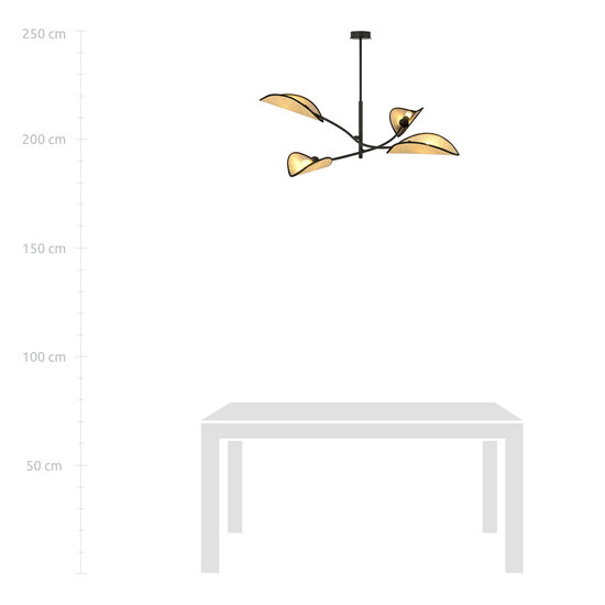 Zwart met rotan hanglamp met 4 armen en transparante bladeren